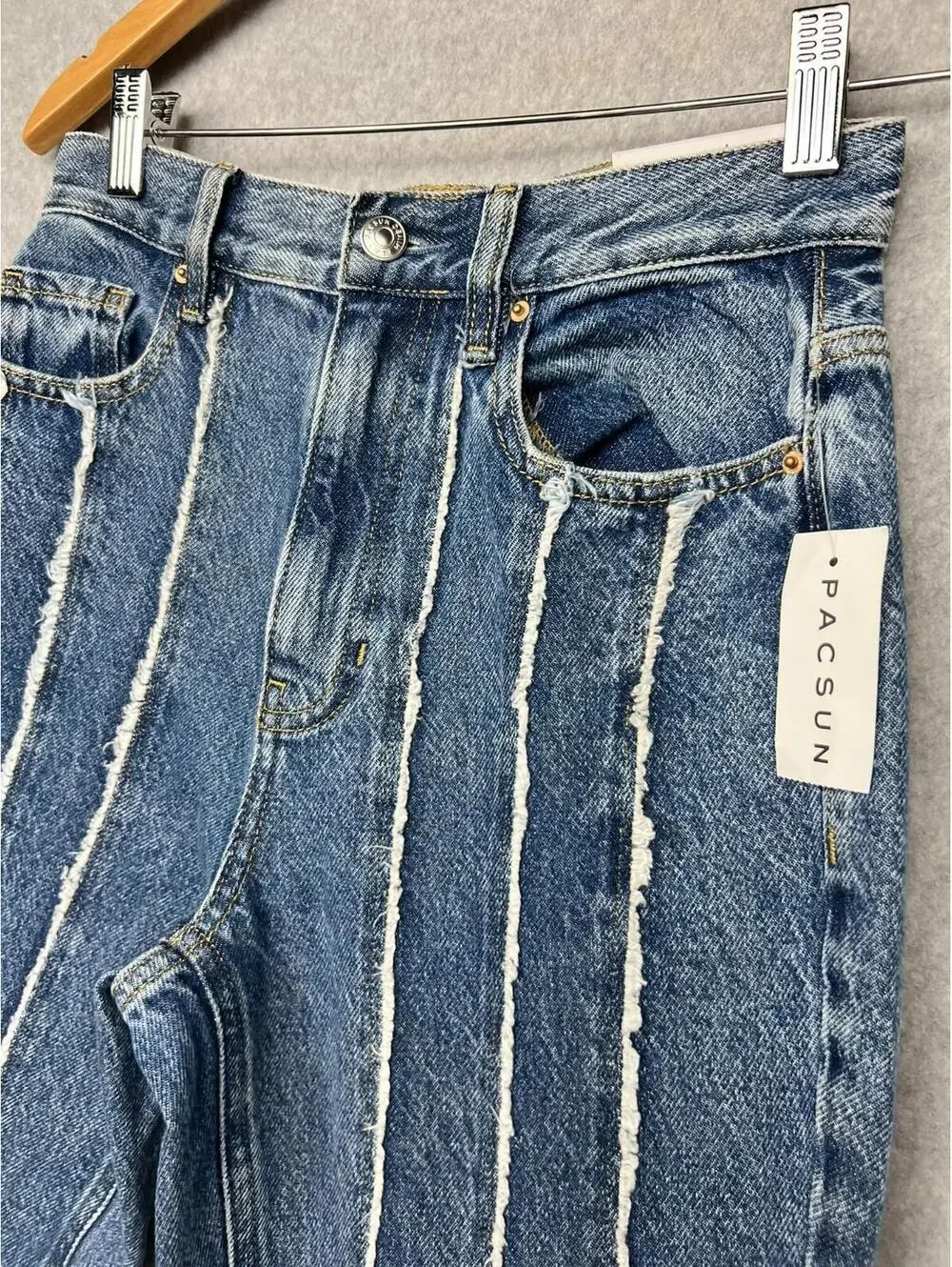PacSun Frayed Stripe High Waisted Flare Jeans 25 Blue White Boho Retro Y2K Eco